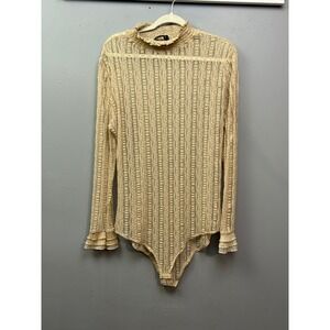 Touch Me Lace Mock Neck Ruffle Sleeve Bodysuit Tan Beige 1X